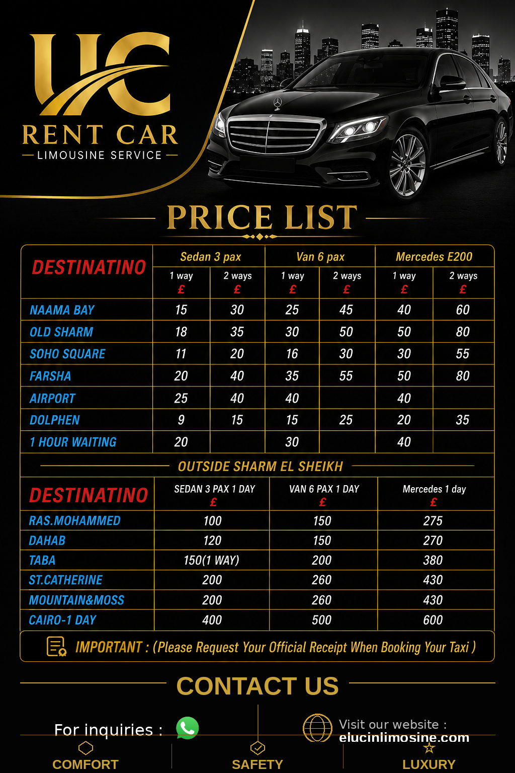 UC Rent Car Limousine Service Price List